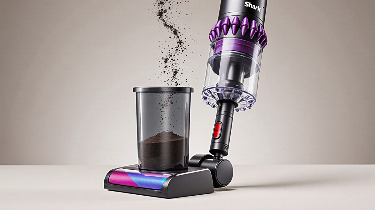 Shark vacuum emptying dust into charging station with built-in dustbin and swirling dust particles.