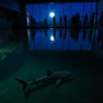 Shark glides beneath moonlit lagoon water with ethereal glow and soft blue‑green lighting at Aquarium of the Pacific night