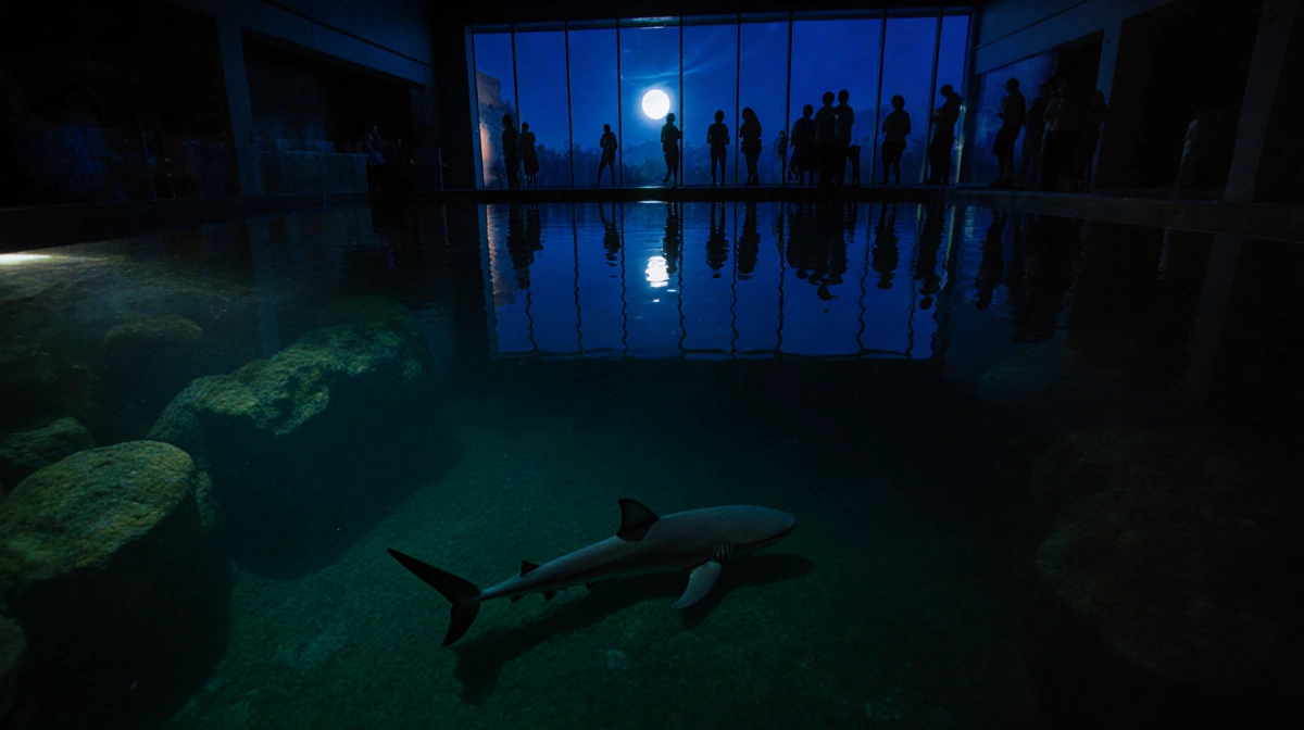 Shark glides beneath moonlit lagoon water with ethereal glow and soft blue‑green lighting at Aquarium of the Pacific night