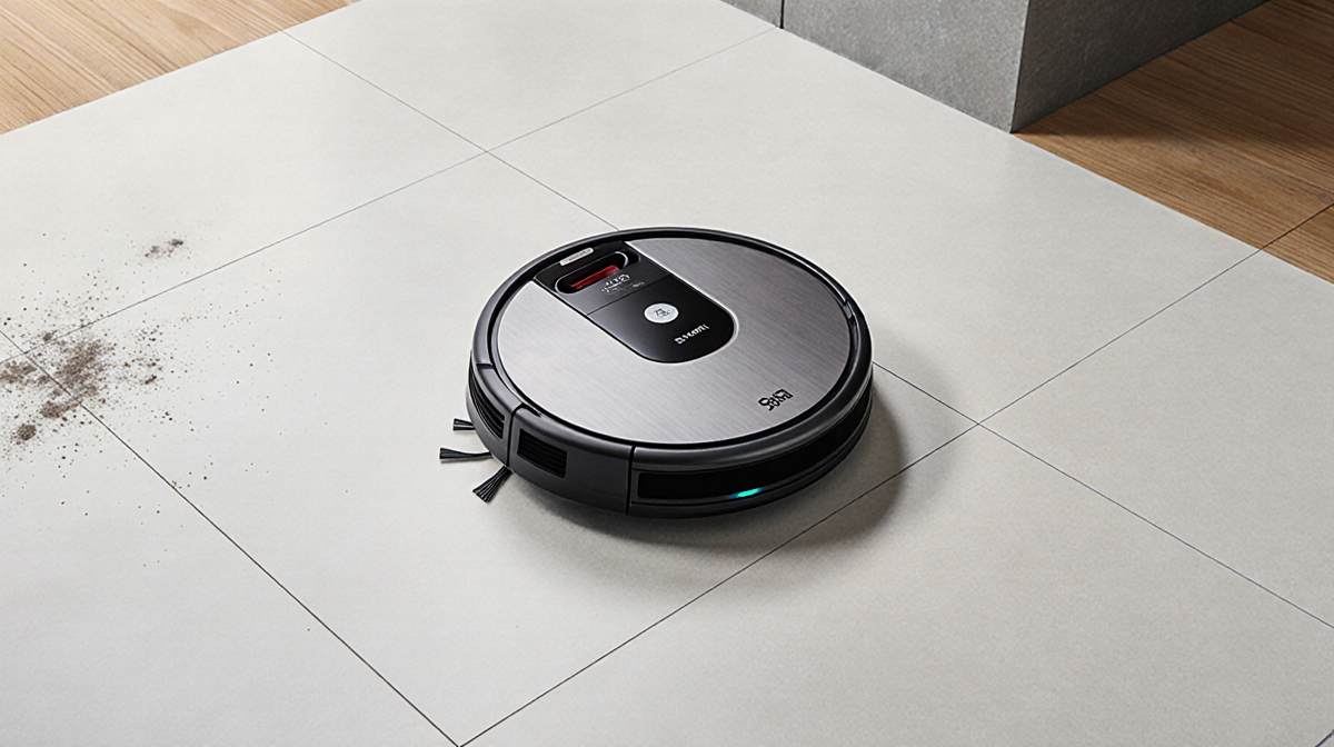Shark Matrix Plus robot vacuum and mop cleans a sleek wood floor with subtle dust and metallic surface and Lidar navigation