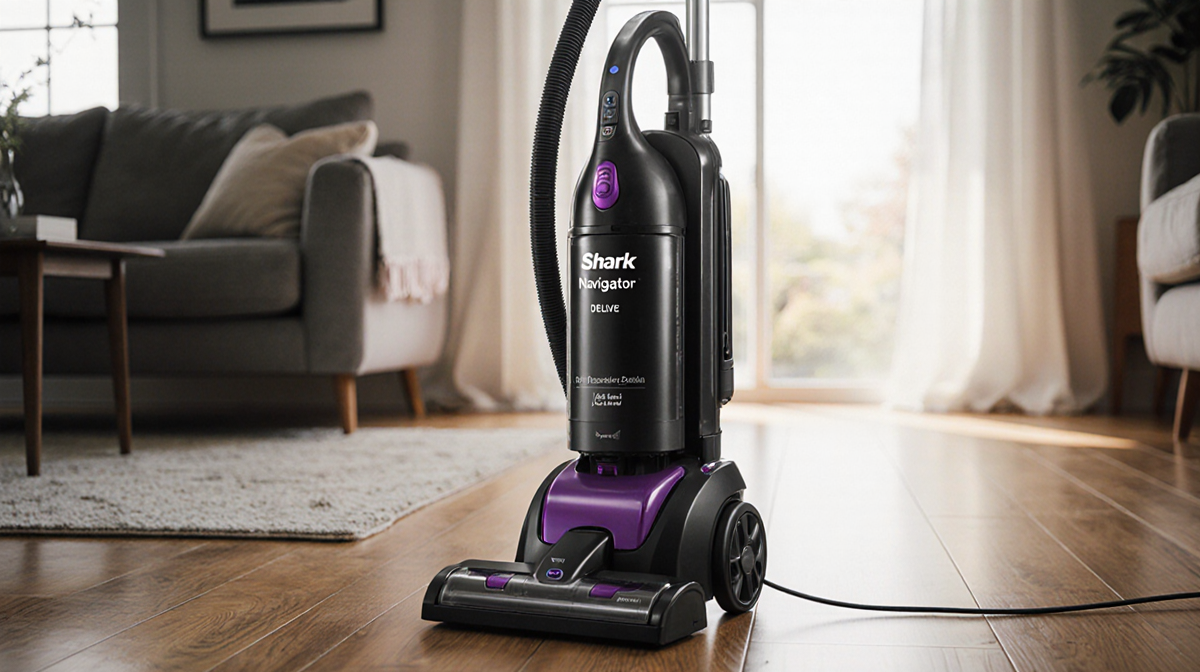 Vacuum cleaner centered on hardwood floor with natural light top left and detachable wand extended and HEPA filter visible