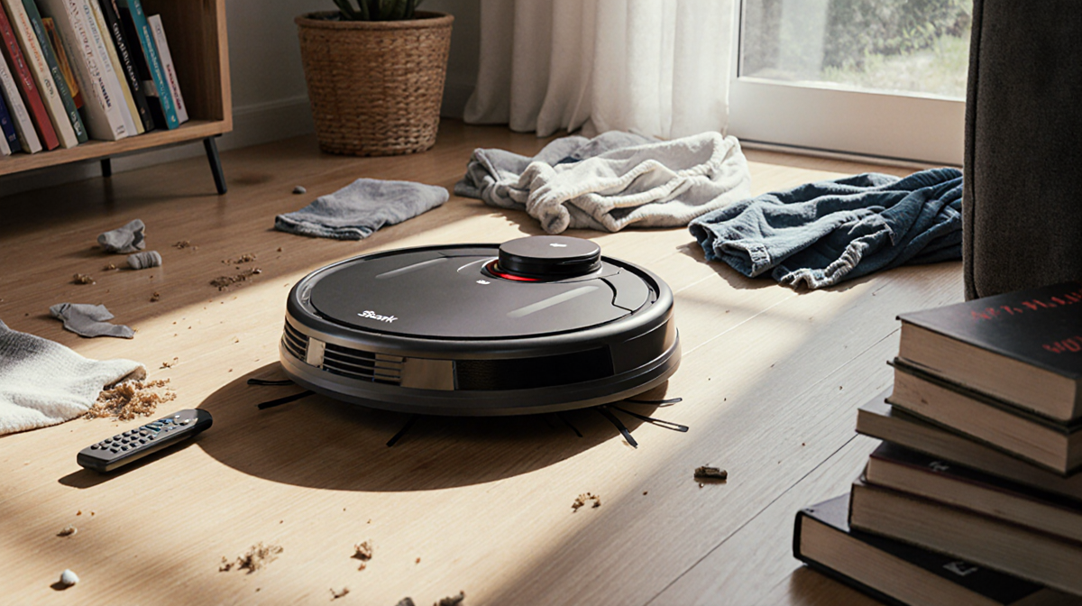 Shark robot vacuum cleaning floor with books and laundry scattered around in warm living room.