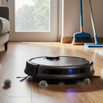 Shark robot vacuum gliding across hardwood floor with warm lighting highlighting metallic accents and dust bunnies cleared