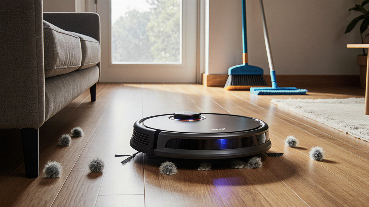 Shark robot vacuum gliding across hardwood floor with warm lighting highlighting metallic accents and dust bunnies cleared