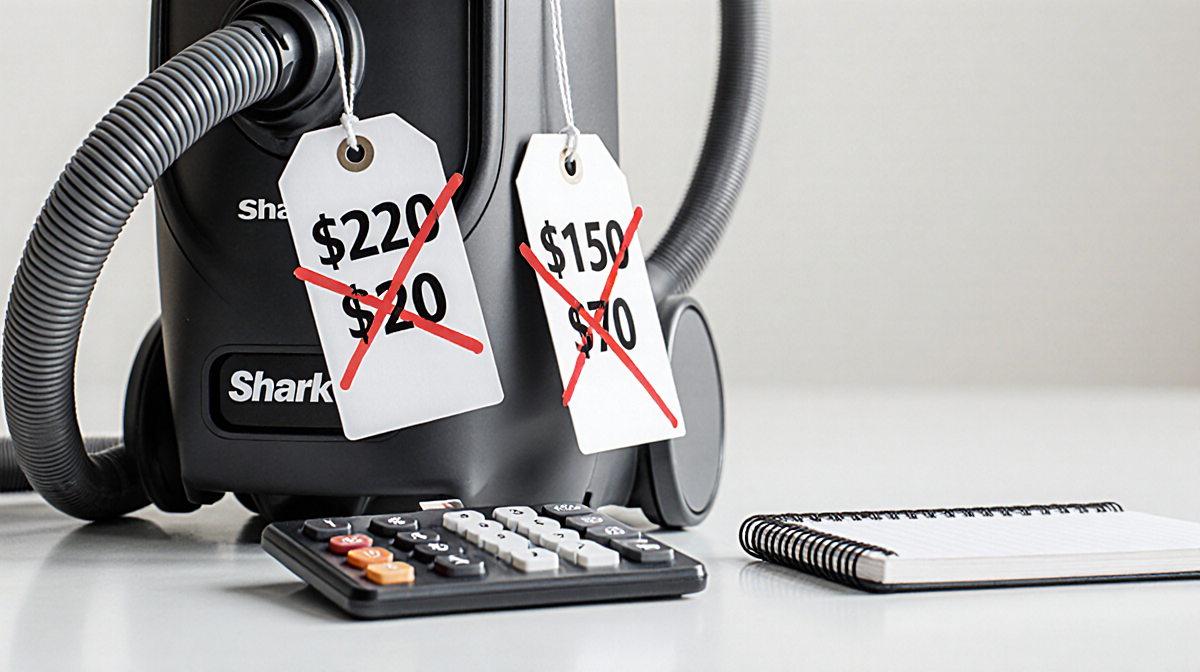 Corded shark vacuum cleaner shows $150 tag with old $220 crossed out and calculator displays $70 savings on white surface.