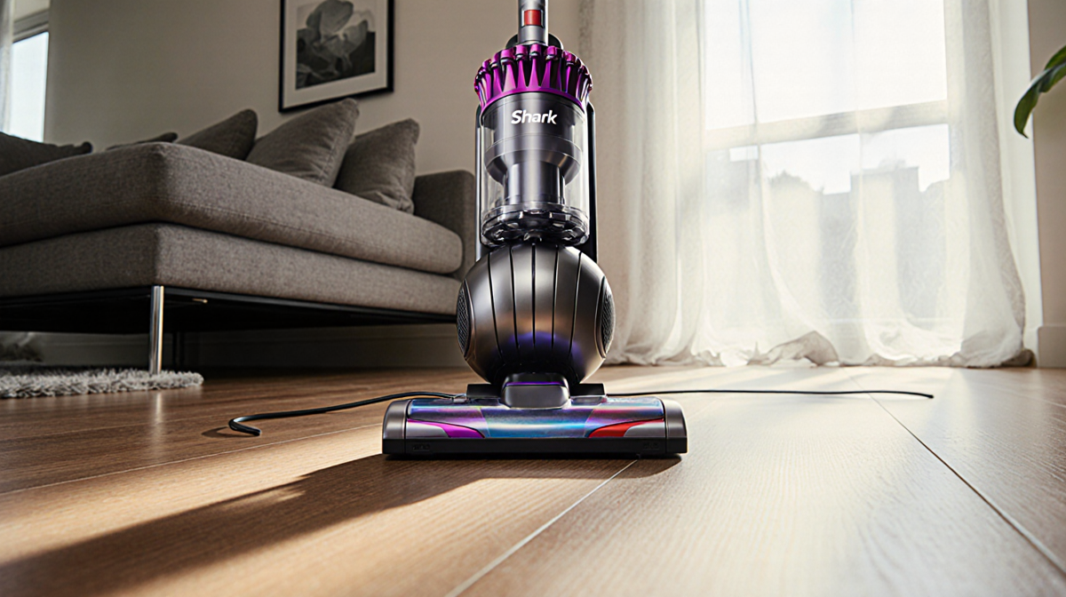 Shark vacuum lying open on hardwood floor with natural light illuminating its metallic body