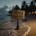 Warning sign reading Danger Sharks stands in ocean waves with tropical resort and palm trees fading into dusk