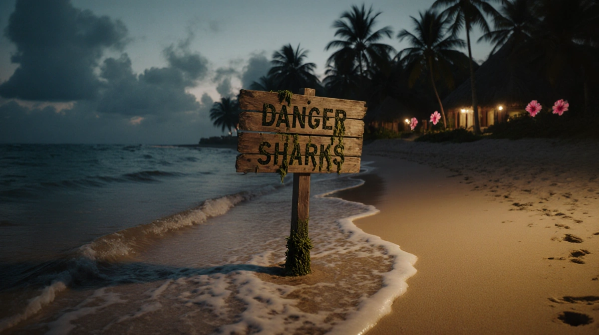 Warning sign reading Danger Sharks stands in ocean waves with tropical resort and palm trees fading into dusk