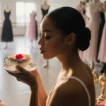 Sharna Burgess sits with antique teacup and rose petal while dance costumes and mirror reflect her journey
