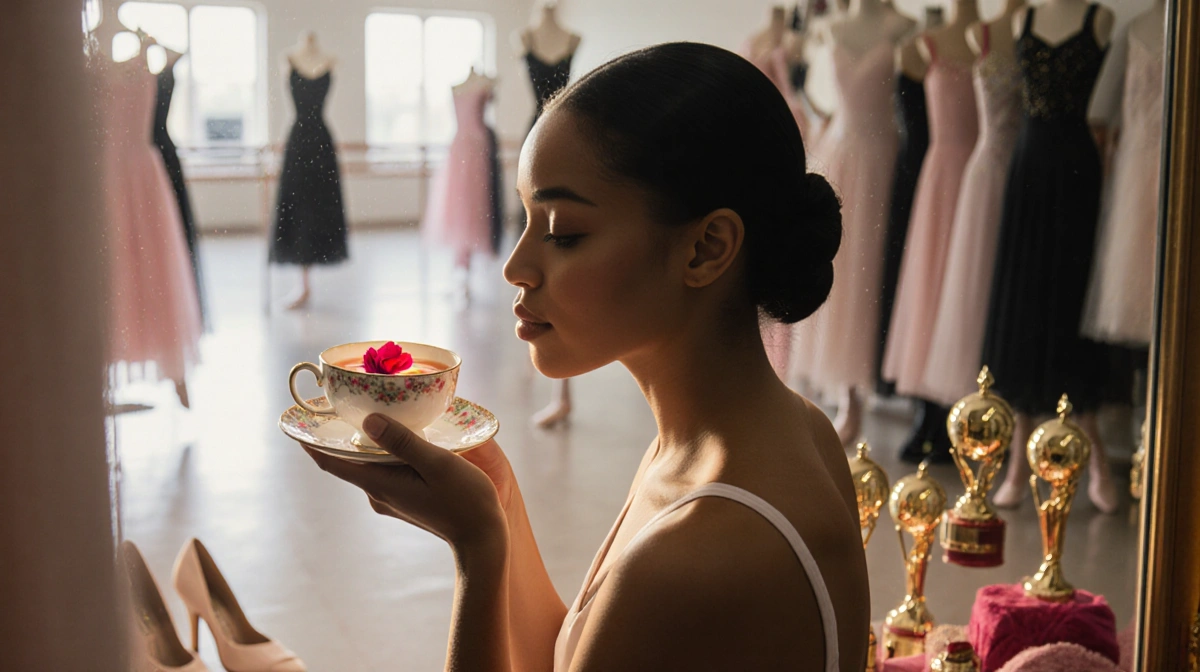 Sharna Burgess sits with antique teacup and rose petal while dance costumes and mirror reflect her journey