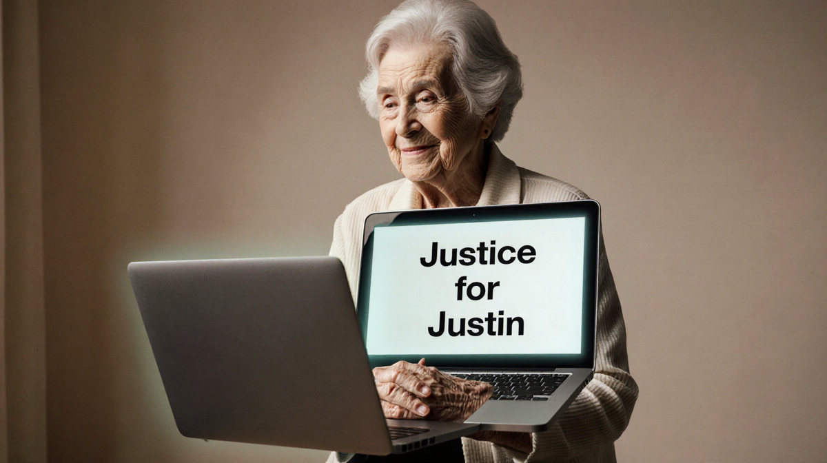 Elderly woman standing before laptop with message Justice for Justin and faint glowing aura