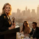 Sharon Stone holds award at podium with determined gaze and celebrity audience behind golden city backdrop