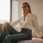 Sharon Stone sits on modern sofa wearing high-waisted jeans with white blouse and statement earrings by floor-to-ceiling wind