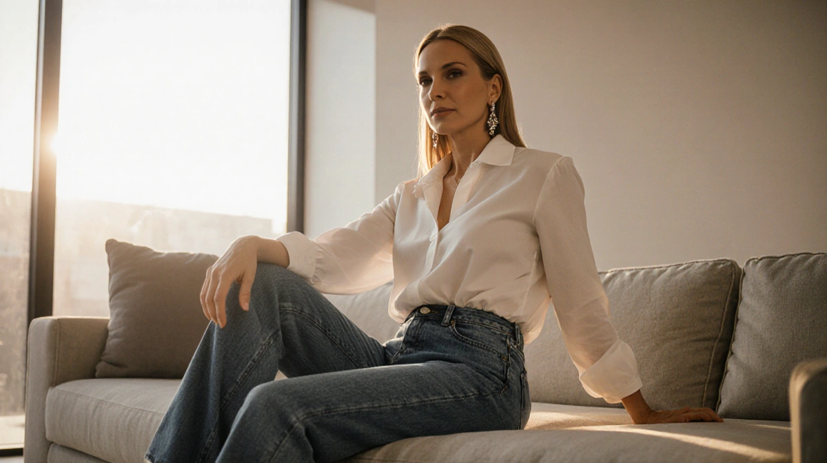 Sharon Stone sits on modern sofa wearing high-waisted jeans with white blouse and statement earrings by floor-to-ceiling wind