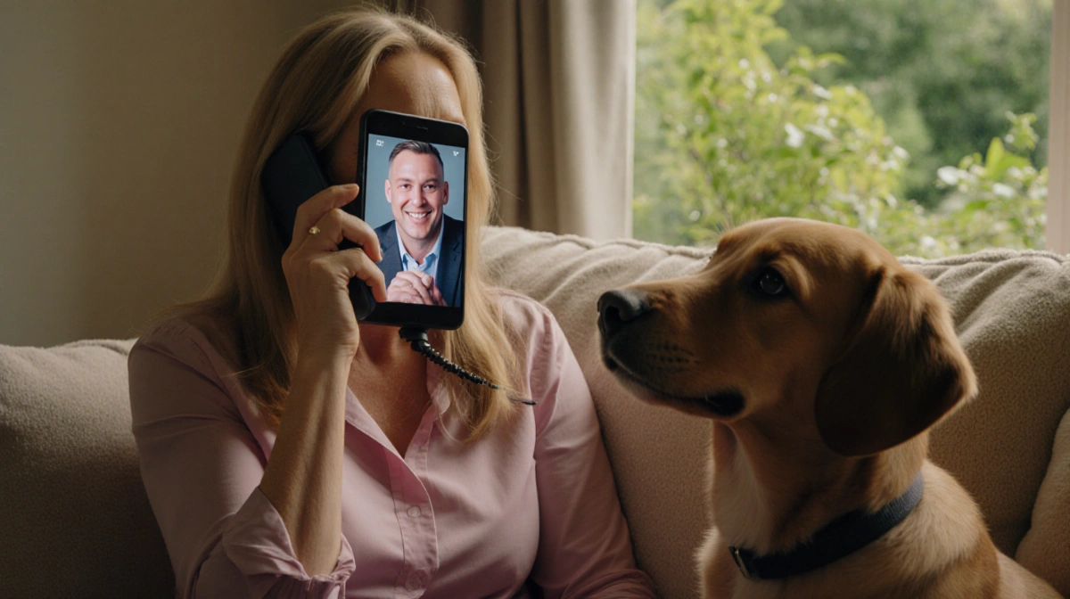 Sharon Stone talking on phone with Quinn on screen while rescue puppy sits beside her on couch with plants behind