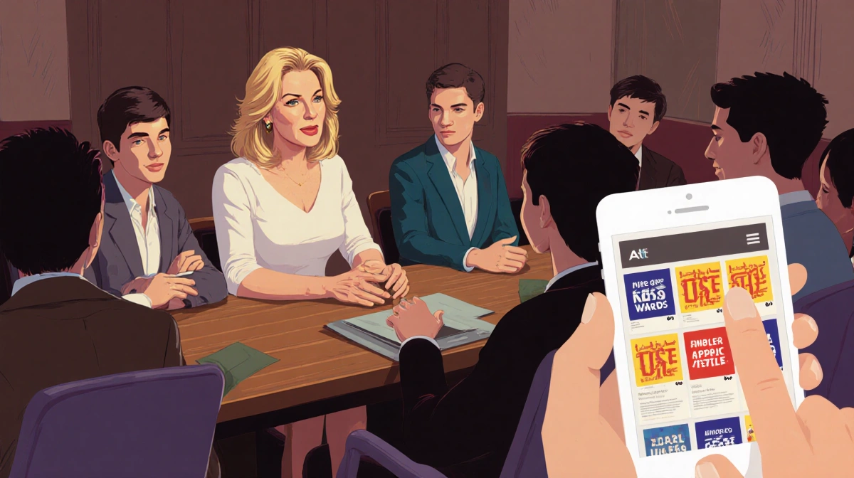 Sharon Stone speaking with young activists at table showing smartphone with activist app open
