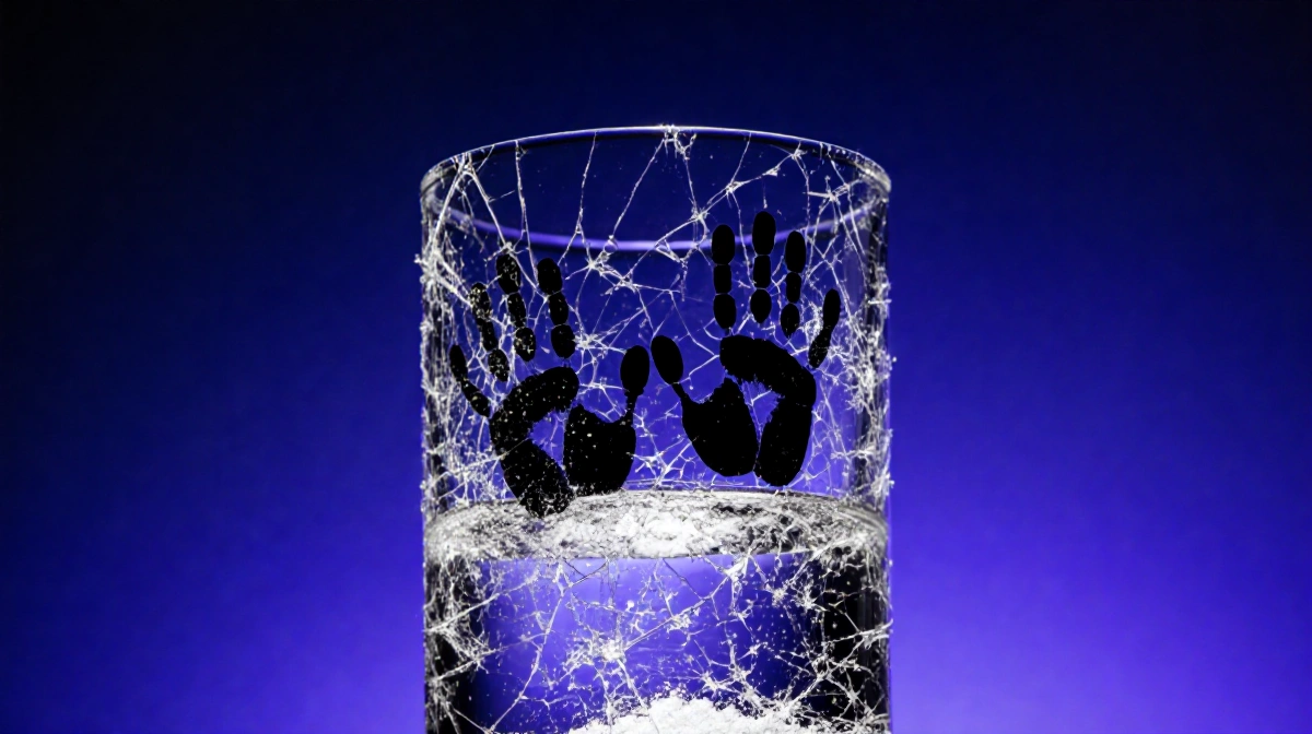 Shattered glass holds liquid with powder at bottom, blue background handprint outlines symbolizing tragedy acetonitrile.