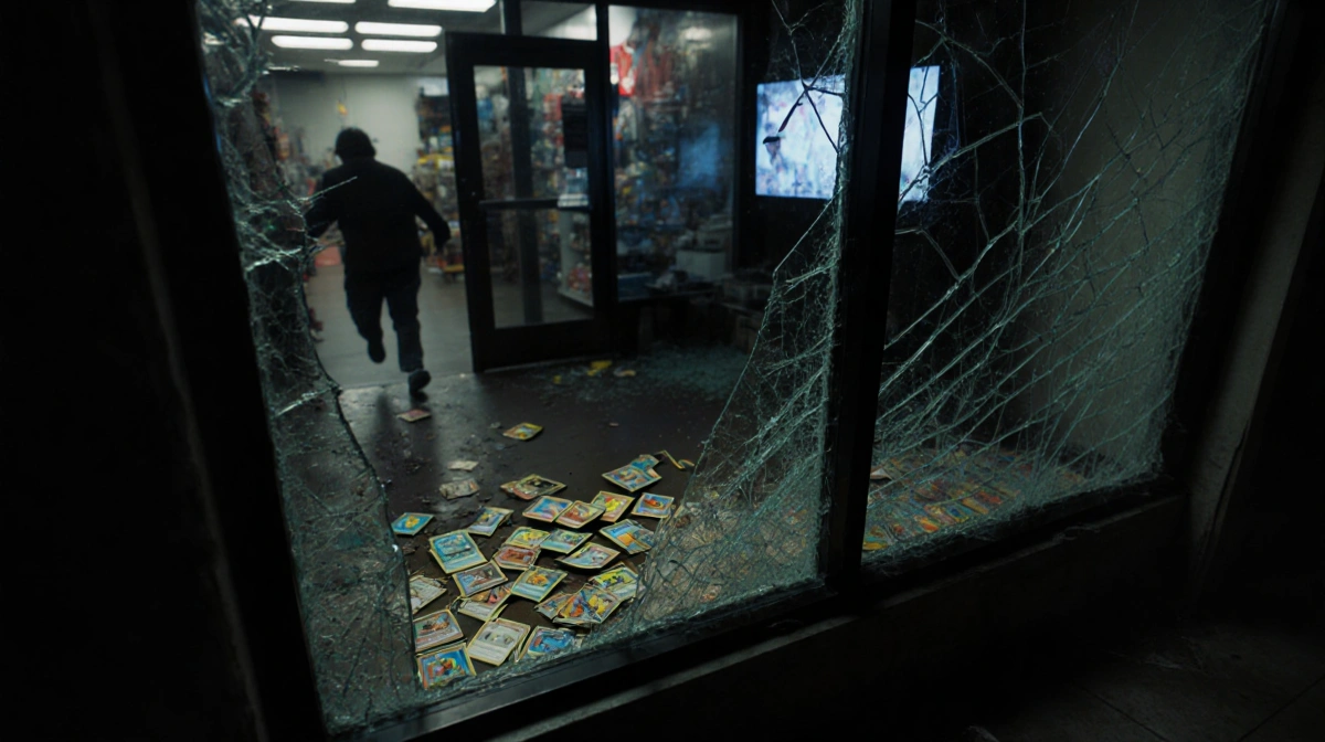 Blurred figure fleeing from shattered storefront window with Pokémon sports cards and security footage