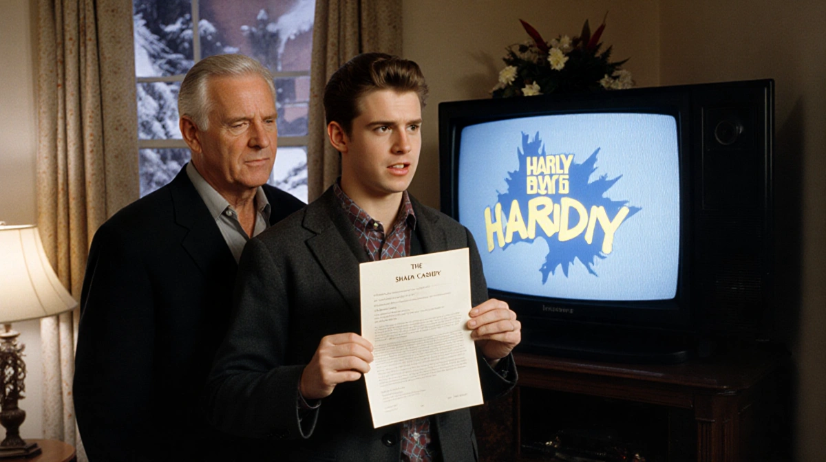 Shaun Cassidy holds a Hardy Boys script with his father Jack beside him and TV logo visible behind