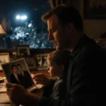 Shaun Cassidy holding an old photograph with Jack Cassidy while sitting in a study filled with Hollywood memorabilia and warm