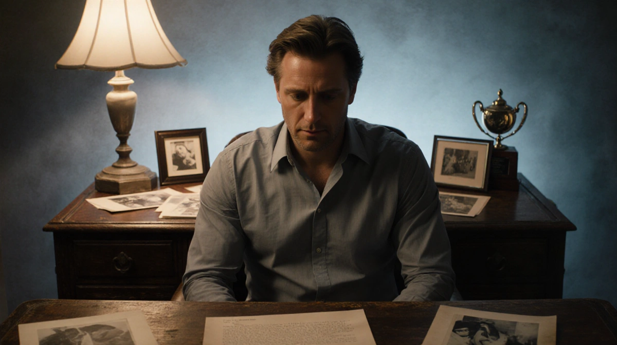 Shaun Cassidy sits at wooden desk with old photographs and scripts under warm lamplight showing introspection