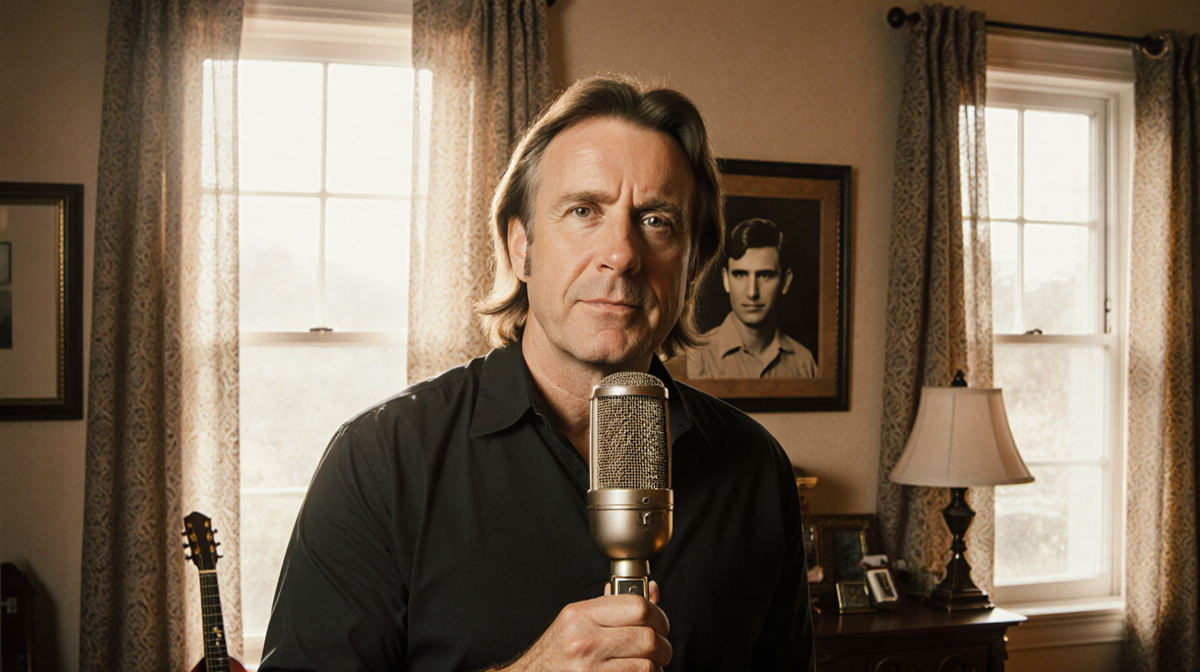 Shaun Cassidy holding a vintage microphone with golden glow and a faded photo of David Cassidy in the background.