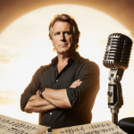 Shaun Cassidy stands with arms crossed before a vintage microphone under a golden sunset and a subtle music sheet pattern.