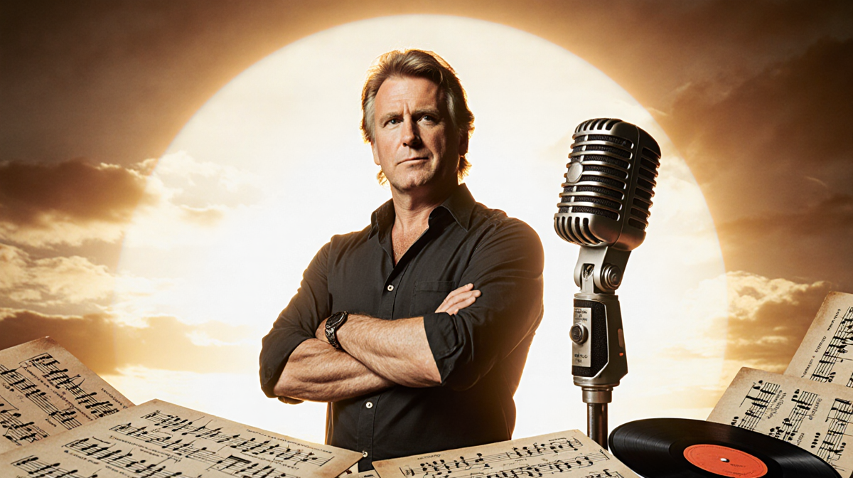 Shaun Cassidy stands with arms crossed before a vintage microphone under a golden sunset and a subtle music sheet pattern.