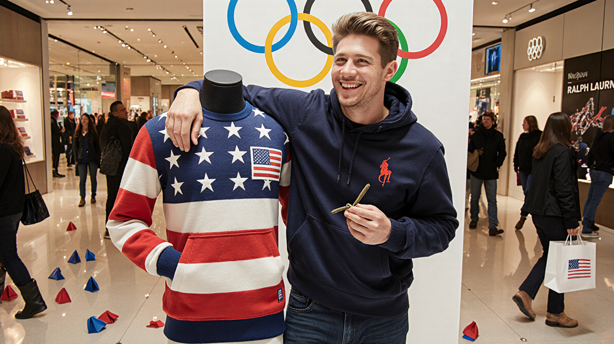 Shaun White smiling with arm around mannequin wearing a Team USA outfit holding a joint in Macy's with shoppers Olympic rings