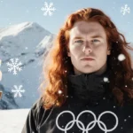 Shaun White stands with flowing red hair against snow-covered mountains with Olympic torch silhouette and falling snowflakes
