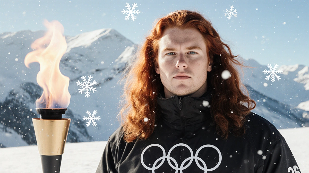 Shaun White stands with flowing red hair against snow-covered mountains with Olympic torch silhouette and falling snowflakes