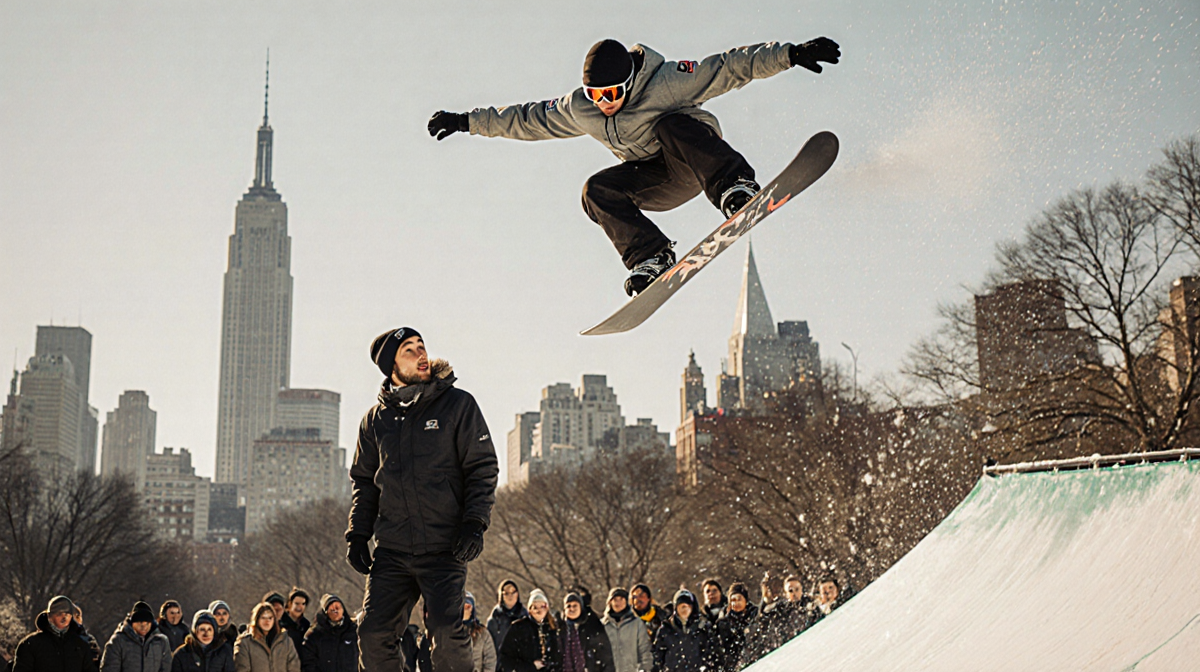 Shaun White soaring over Shane Gillis while snowboarding with Manhattan skyline and amazed crowd behind