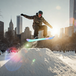 Shaun White snowboarding over Shane Gillis with NYC skyscrapers in daylight and bright sunlight casting long shadows