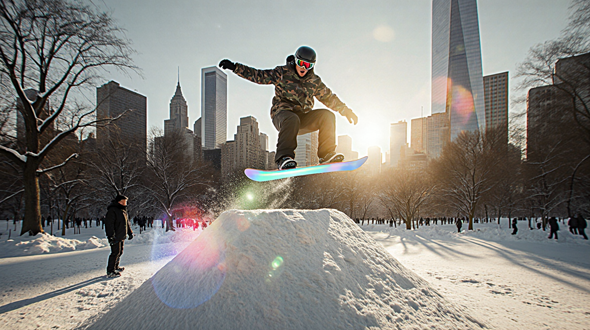 Shaun White snowboarding over Shane Gillis with NYC skyscrapers in daylight and bright sunlight casting long shadows