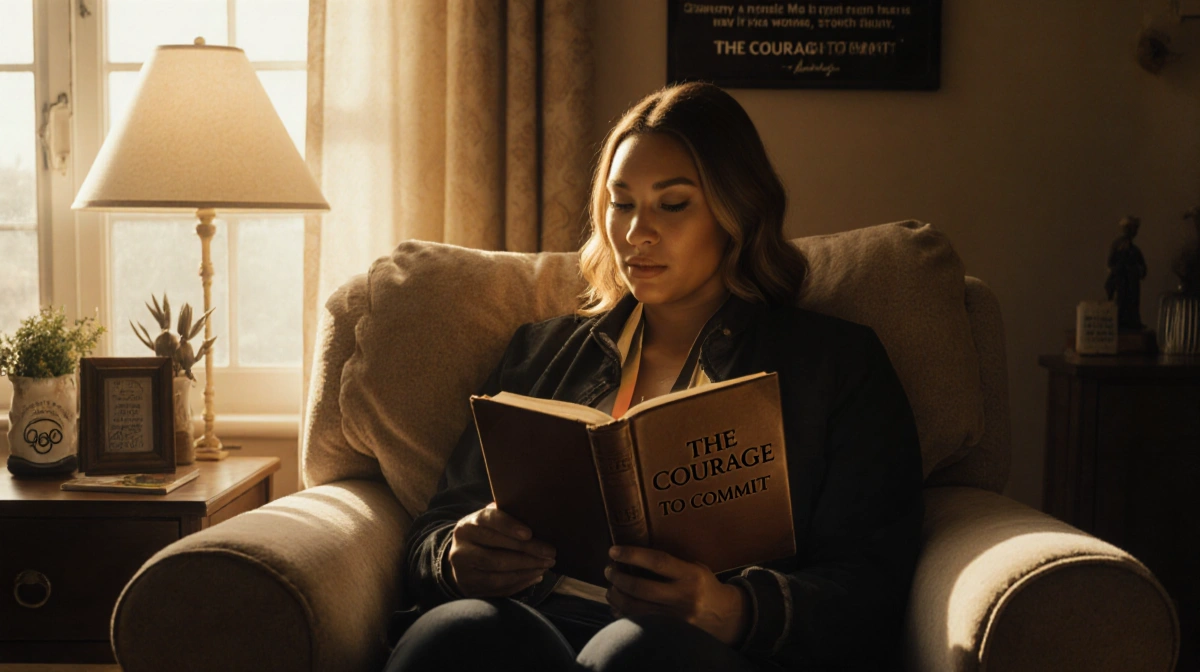 Shawn Johnson East sitting with a leather-bound book The Courage To Commit and golden light streaming through a nearby window