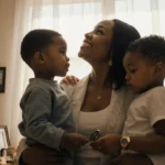 Sheinelle Jones embracing her three children with family photos and heirlooms in warm natural light