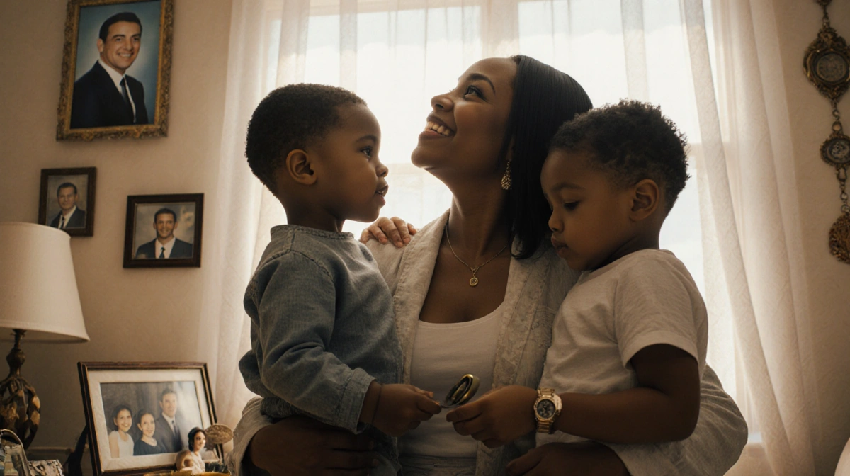 Sheinelle Jones embracing her three children with family photos and heirlooms in warm natural light