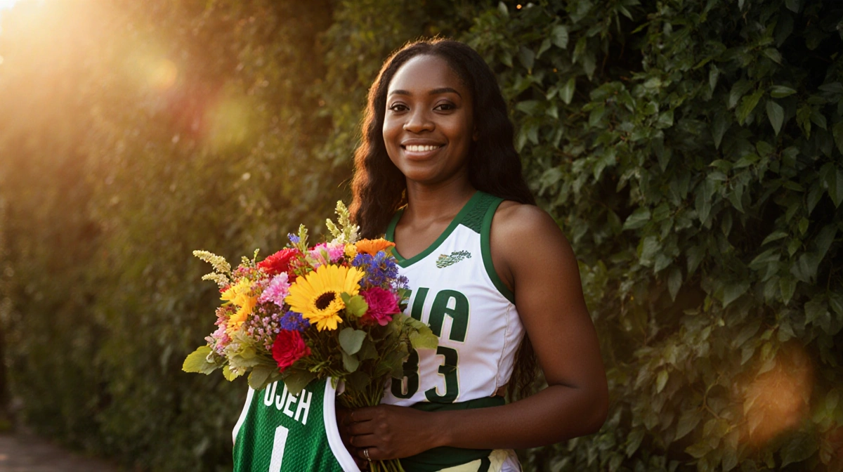 Sheinelle Jones holding colorful flowers with Uche Ojeh