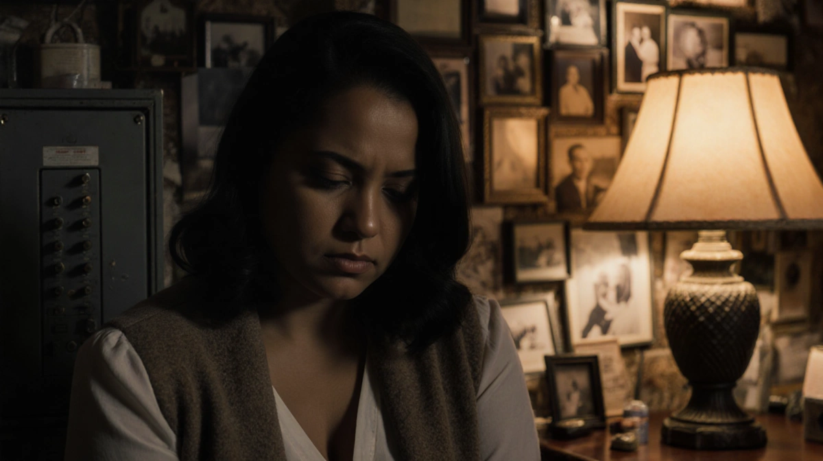 Sheinelle Jones sitting beside vintage electrical panel with warm lamp light and photo memories behind her
