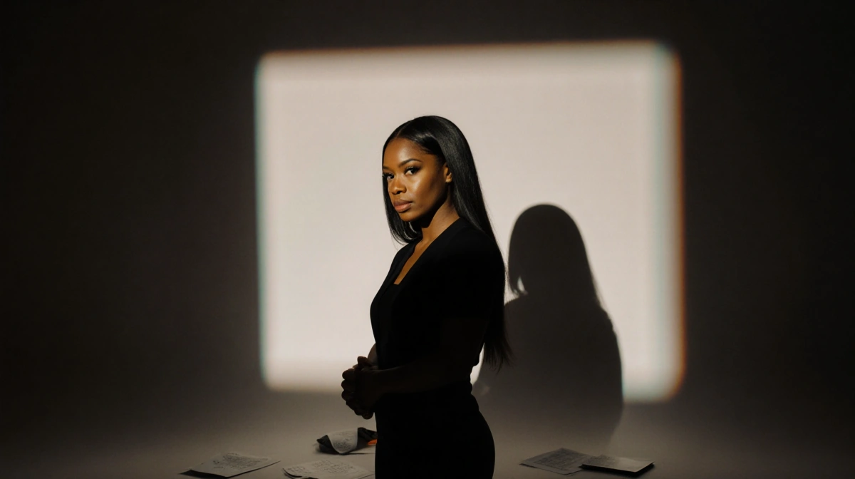 Sheinelle Jones stands with clasped hands before a dim backdrop with faint TV shadow and scattered papers showing career tran