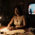 Sheinelle Jones sits at wooden desk with vintage letters and family heirlooms while old Today show episode plays on nearby TV