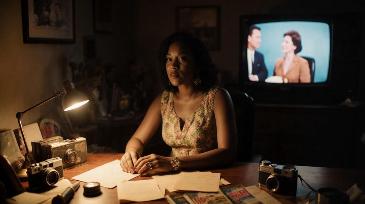 Sheinelle Jones sits at wooden desk with vintage letters and family heirlooms while old Today show episode plays on nearby TV