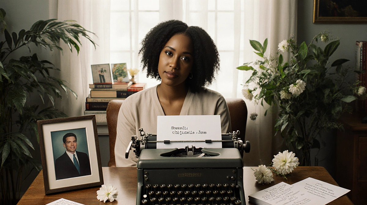 Sheinelle Jones writing thank-you notes at vintage typewriter with handwritten cards and framed photo nearby
