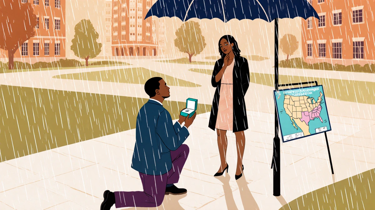 Sheinelle Jones stands under campus awning while Uche Ojeh proposes on one knee with Tiffany box showing