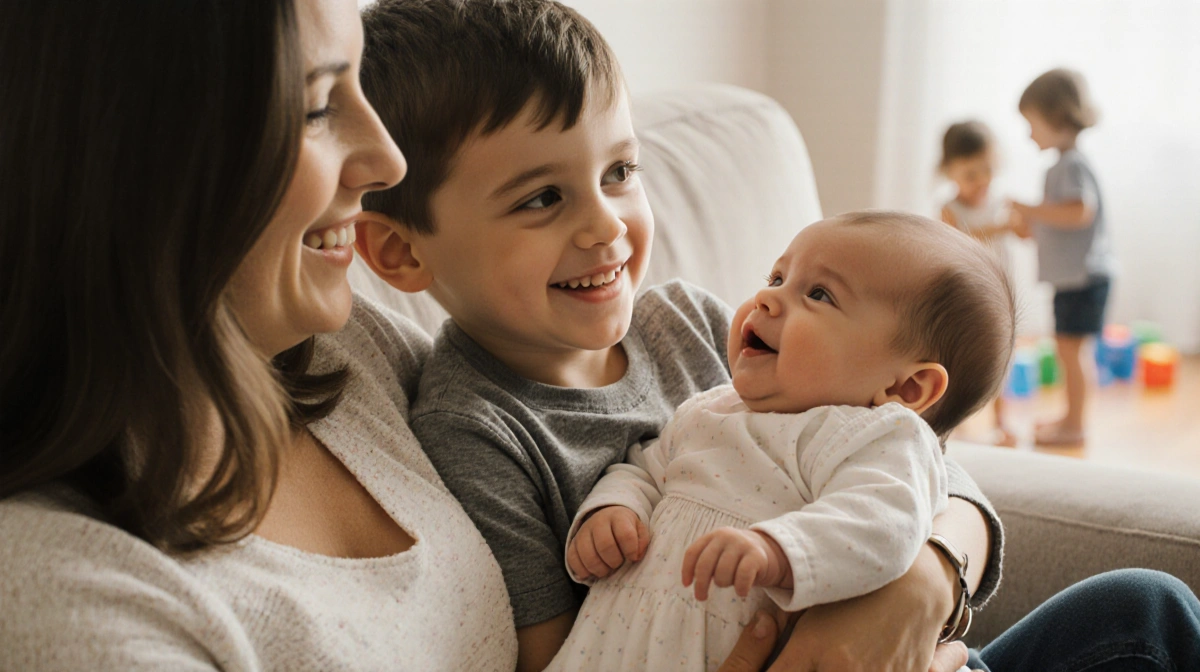 Shelby sits with son Theo holding baby sister with warm lighting and siblings playing softly in background