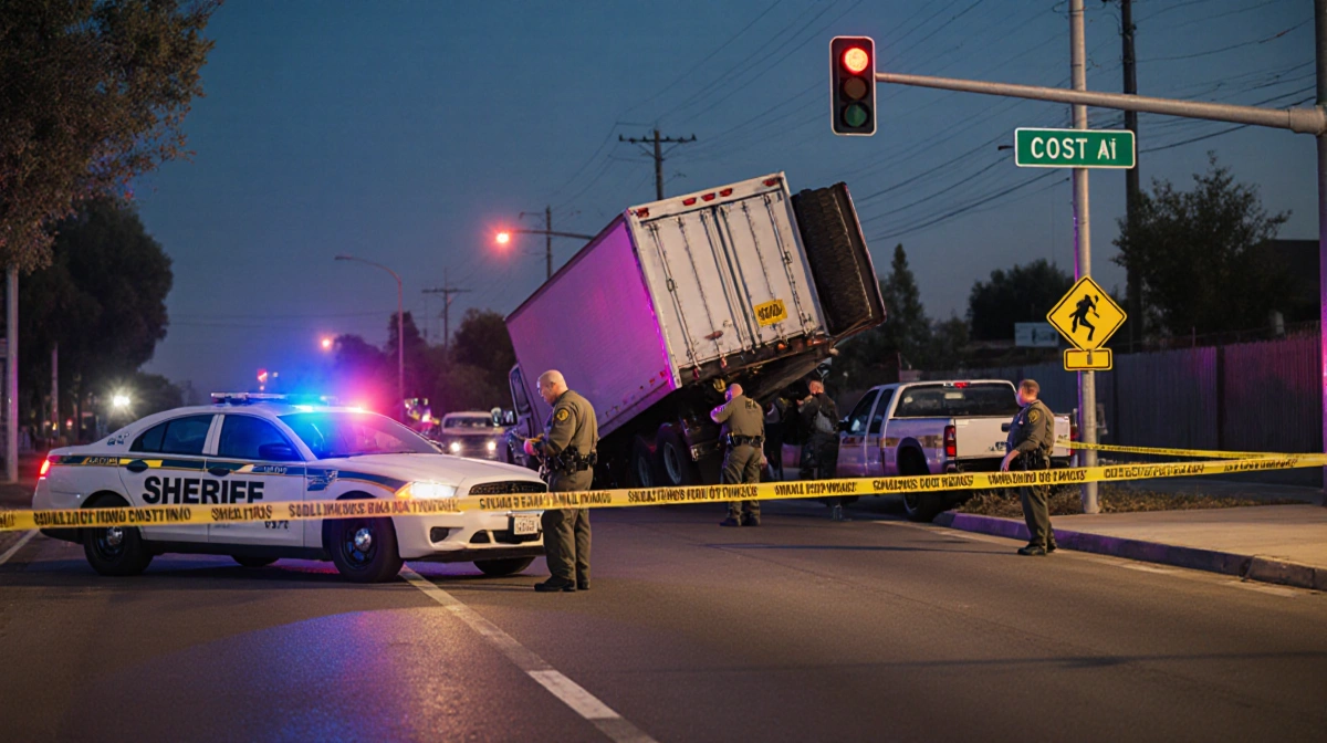 Sheriff's deputies securing crash scene with overturned box truck and police lights behind yellow tape