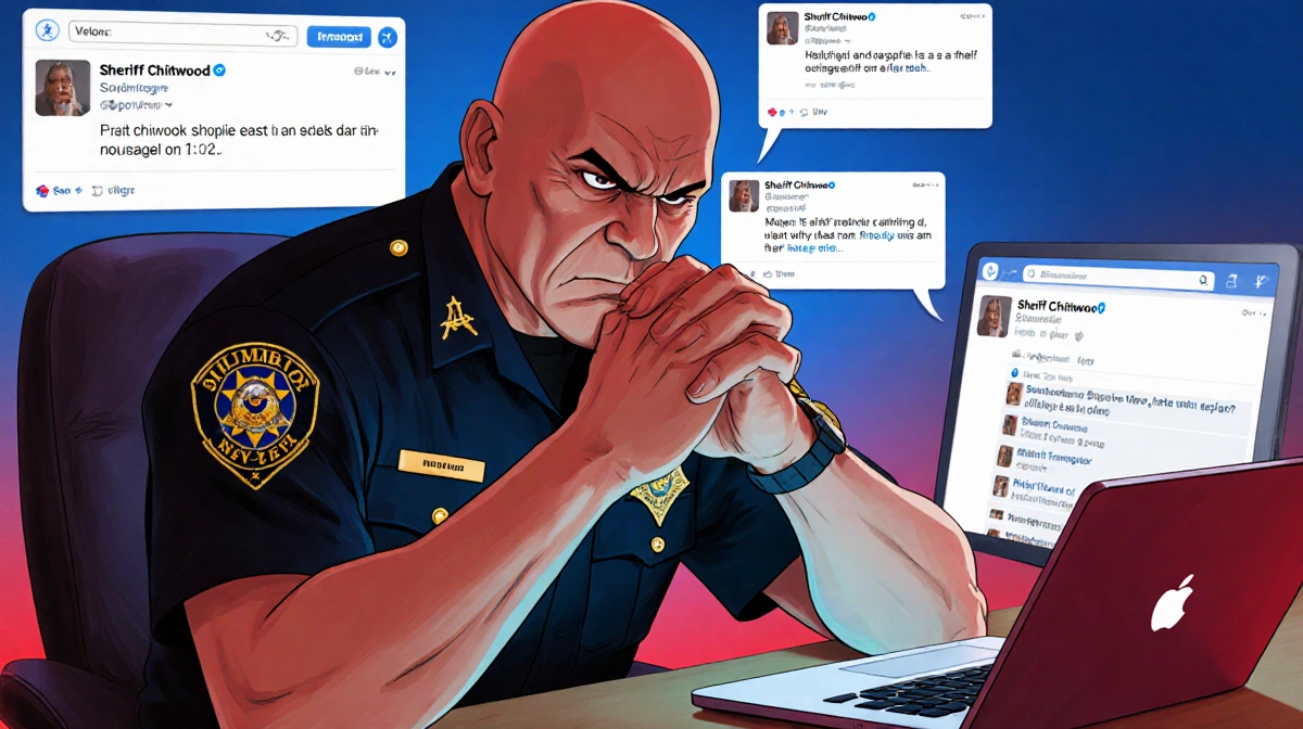 Sheriff Chitwood angrily types on iPad with Instagram notifications flooding laptop screen and red blue warning hues behind
