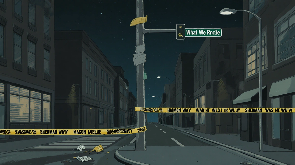 Police tape cordons off Sherman Way and Mason intersection with debris scattered on pavement and suspicious package nearby