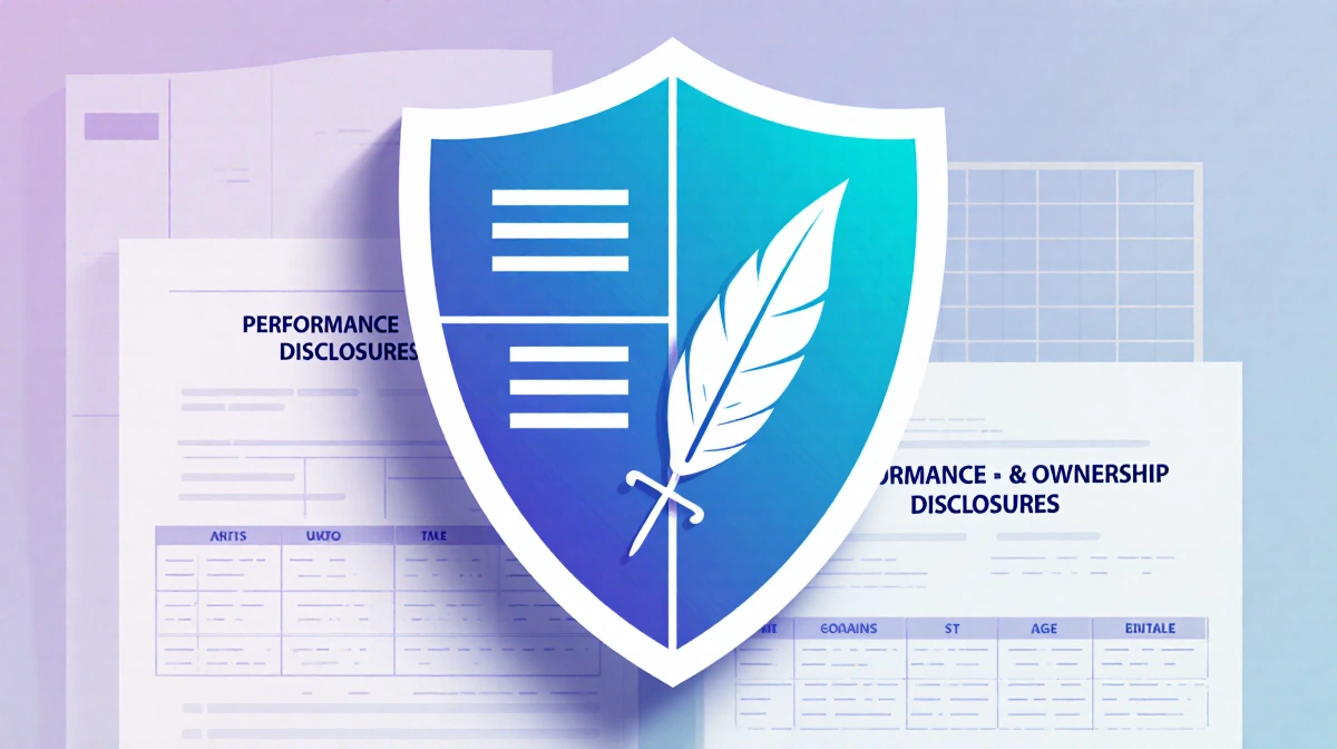 Shield showing legal disclosures with quill pen and transparent sections displaying compliance information