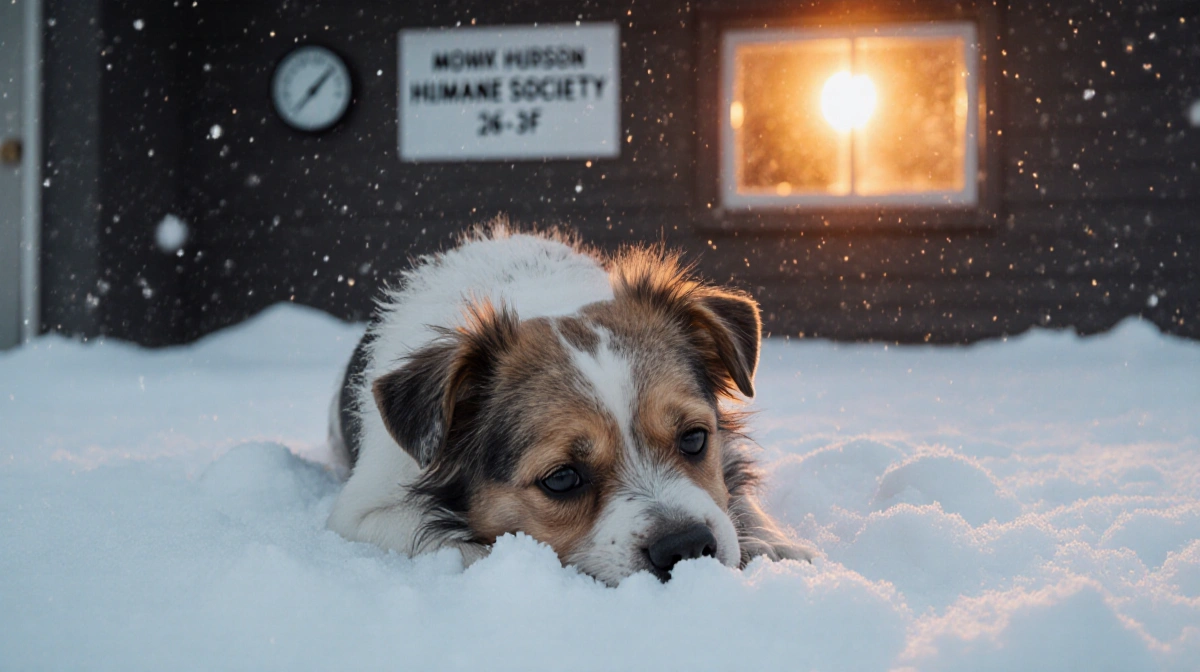 Small terrier mix dog shivering in snow with Mohawk Hudson Humane Society shelter sign showing 26°F in background